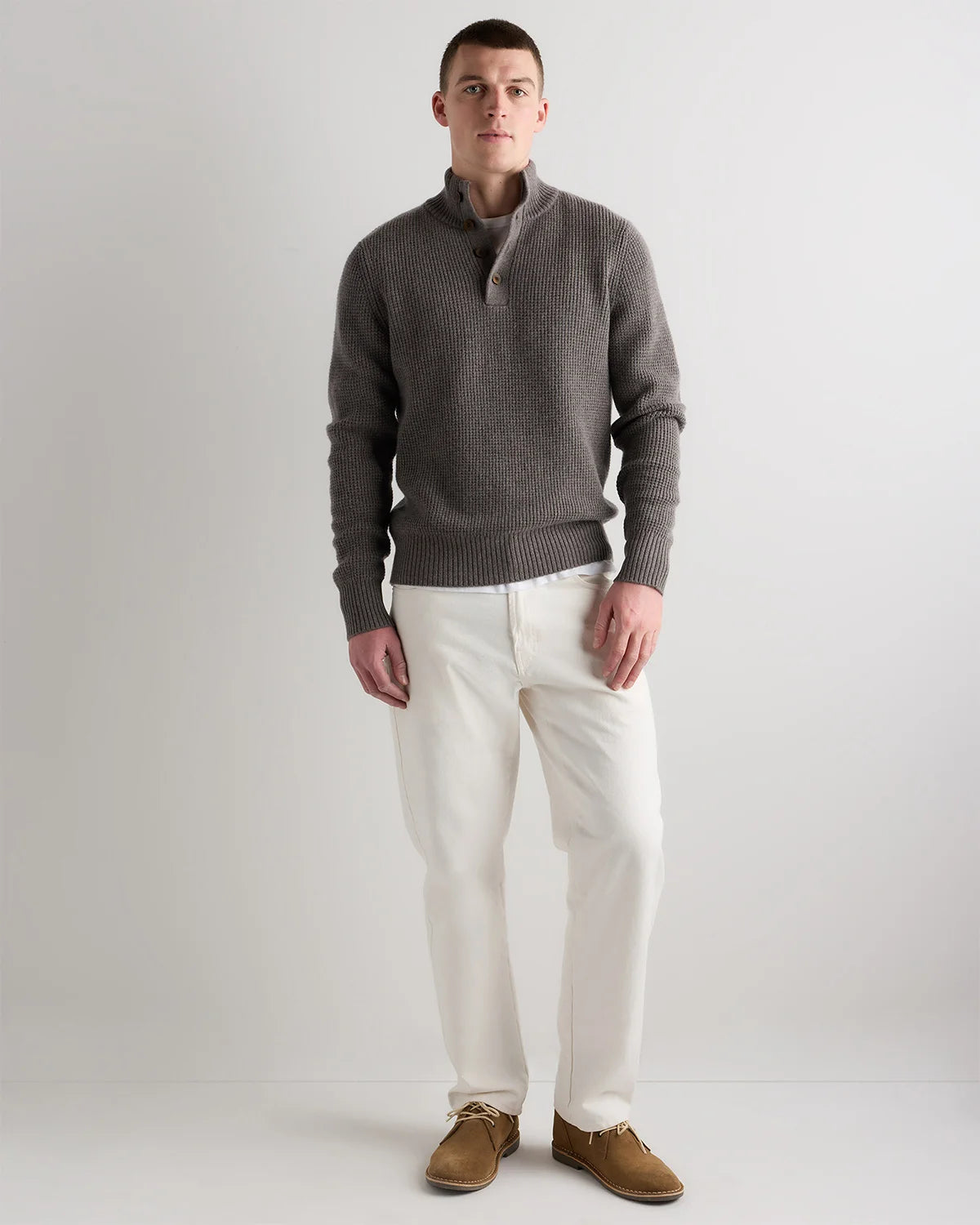 Mongolian Cashmere Waffle Quarter Button Sweater - S / Elk Brown
