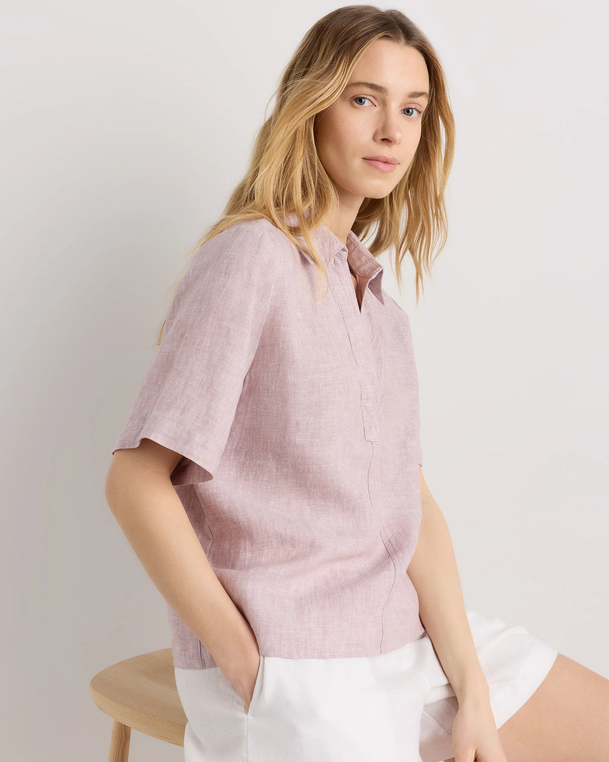 100% European Linen Short Sleeve Popover Top - XS / Blue Pinstripe