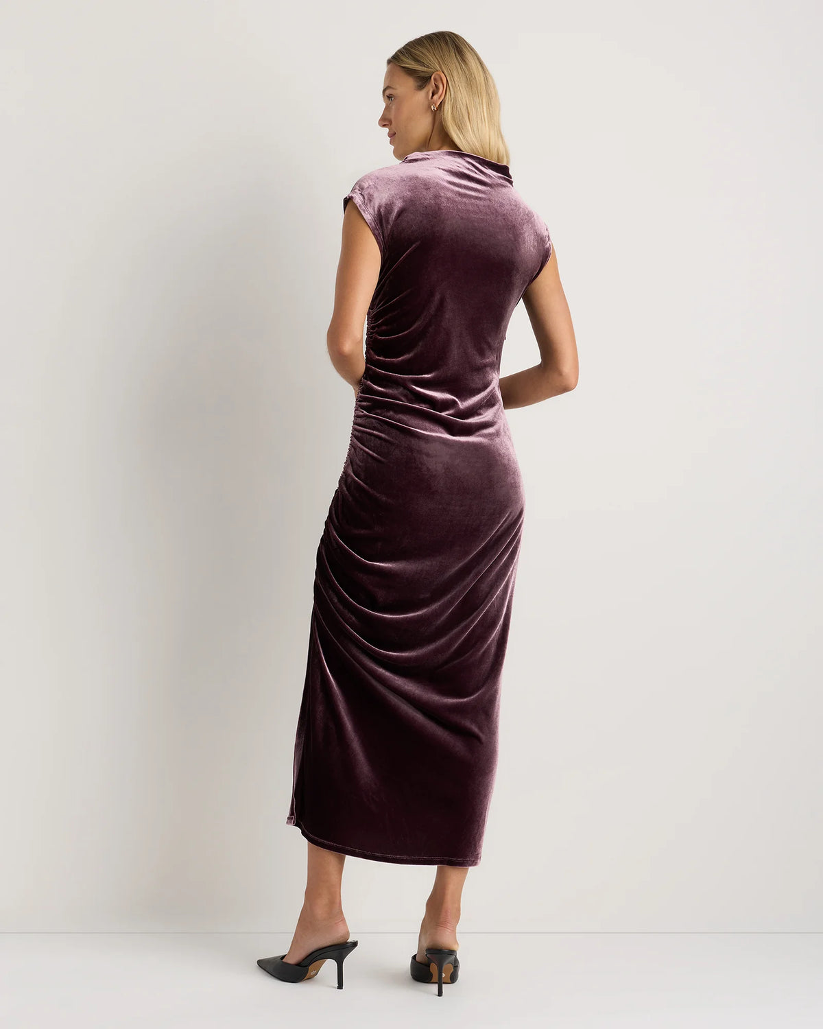 Stretch Silk Velvet Ruched Midi Dress - 0 / Black