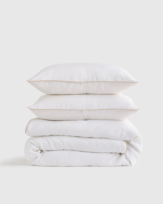 European Linen Piped Duvet Cover Set - Twin / White/Cherry