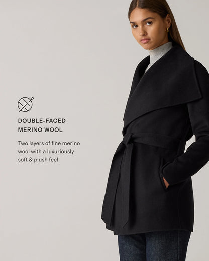 Double-Faced Merino Wool Draped Collar Short Wrap Coat - XS / Cocoa Melange