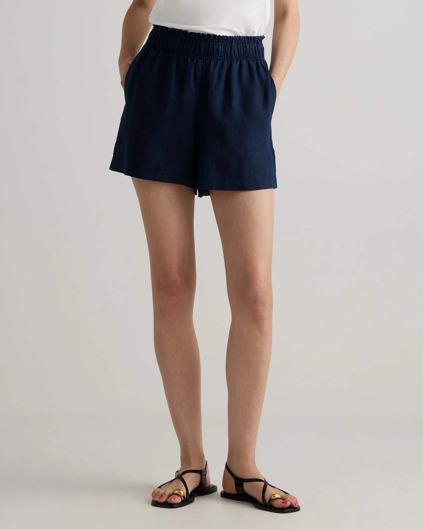 100% European Linen High Waisted Shorts - XS / Sky Blue Mariner Stripe