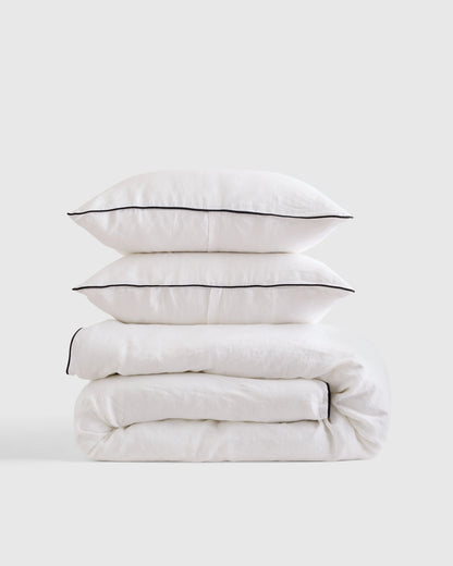 European Linen Piped Duvet Cover Set - Twin / White/Cherry