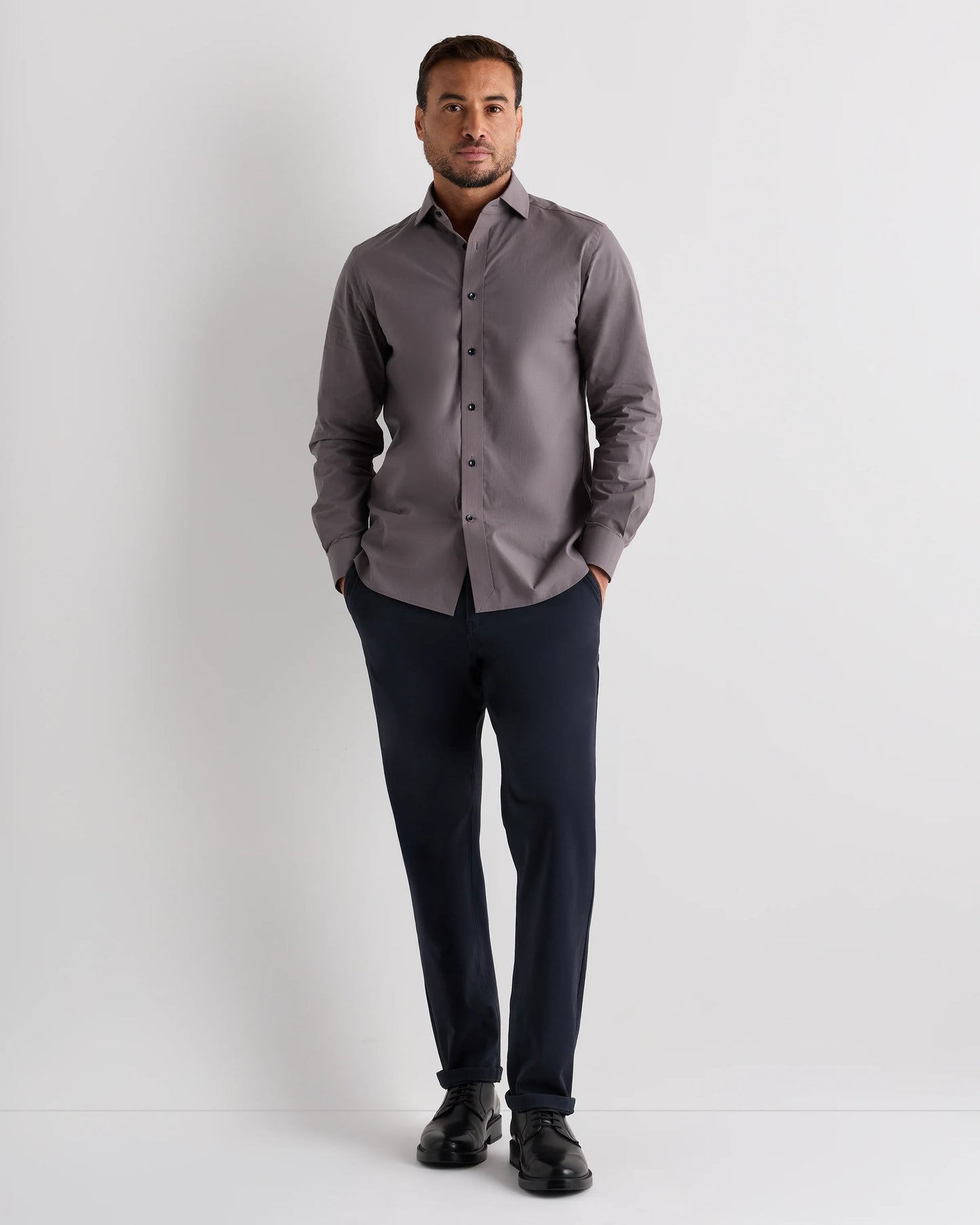 Organic Cotton Stretch Poplin Dress Shirt - S / White/Navy Minigrid