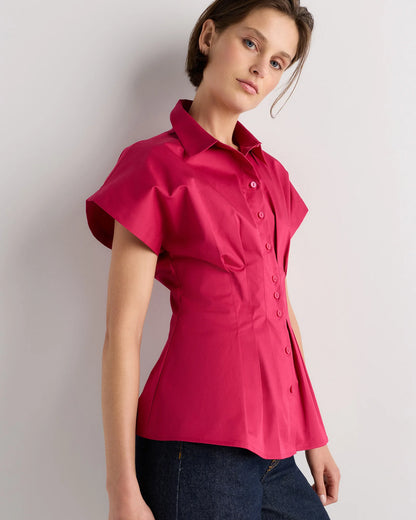 Stretch Twill Pleated Short Sleeve Shirt - XS / Amaranth Pink