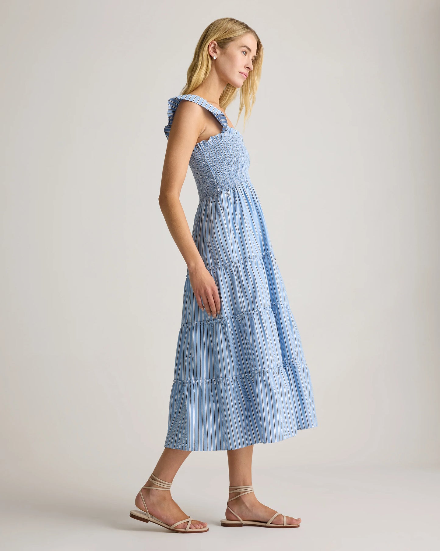100% Organic Cotton Poplin Smocked Midi Dress - XS / Riviera Blue Heirloom Floral
