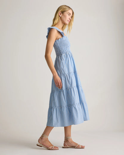 100% Organic Cotton Poplin Smocked Midi Dress - XS / Riviera Blue Heirloom Floral