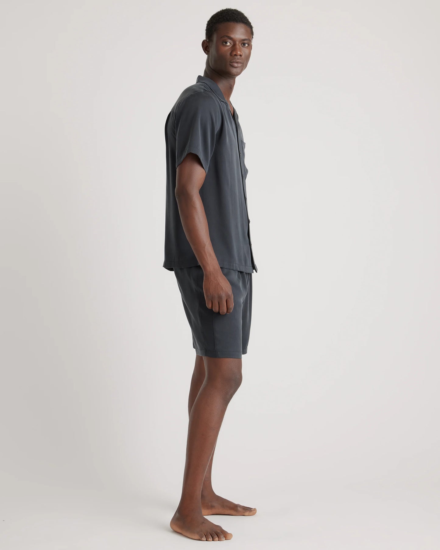 100% Washable Silk Button Down Short Set - S / Black