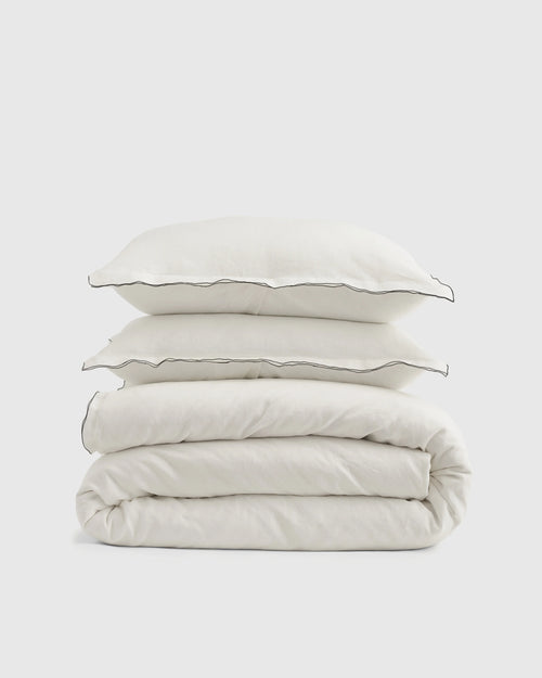European Linen Double Embroidered Edge Duvet Cover Set - Twin / Sand with Terracotta Embroidery