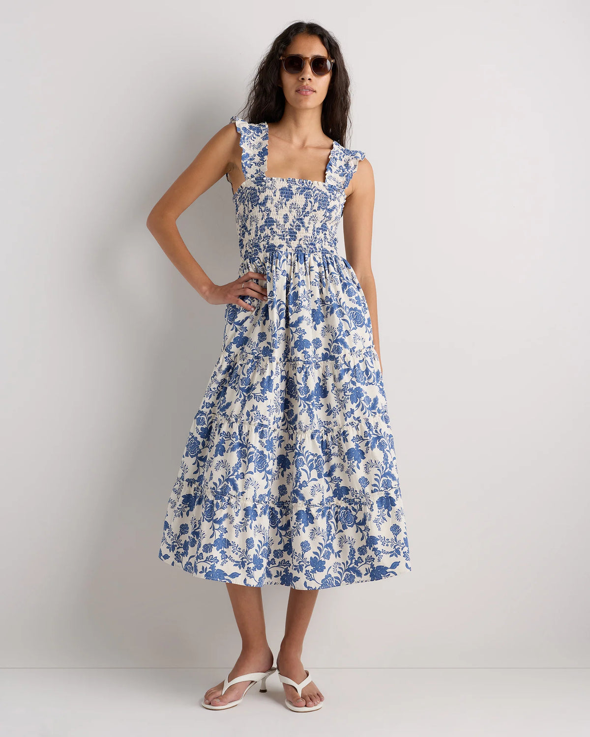 100% Organic Cotton Poplin Smocked Midi Dress - XS / Riviera Blue Heirloom Floral