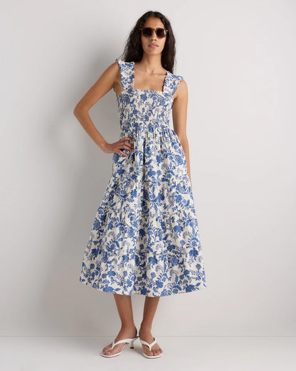 100% Organic Cotton Poplin Smocked Midi Dress - XS / Riviera Blue Heirloom Floral