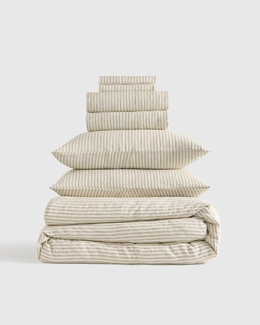 European Linen Deluxe Bedding Bundle - Twin / Willowleaf/White Stripe