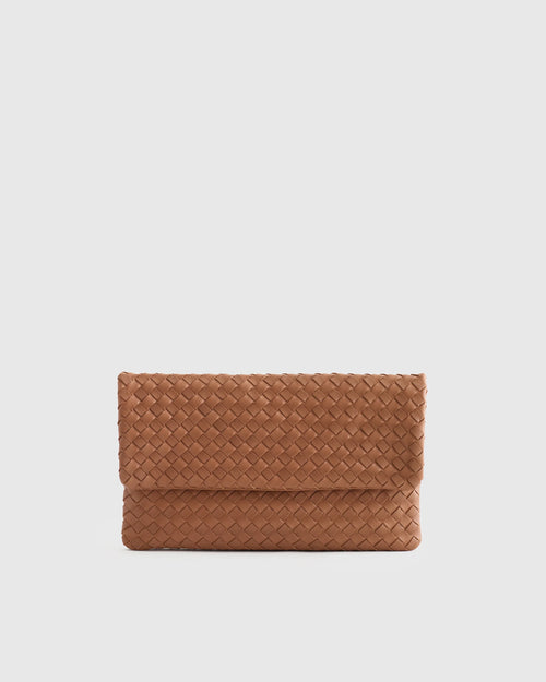 Italian Leather Handwoven Convertible Clutch - One Size / Cognac