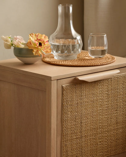 Solid Wood and Natural Rattan 1-Door Nightstand - Right Side / Natural
