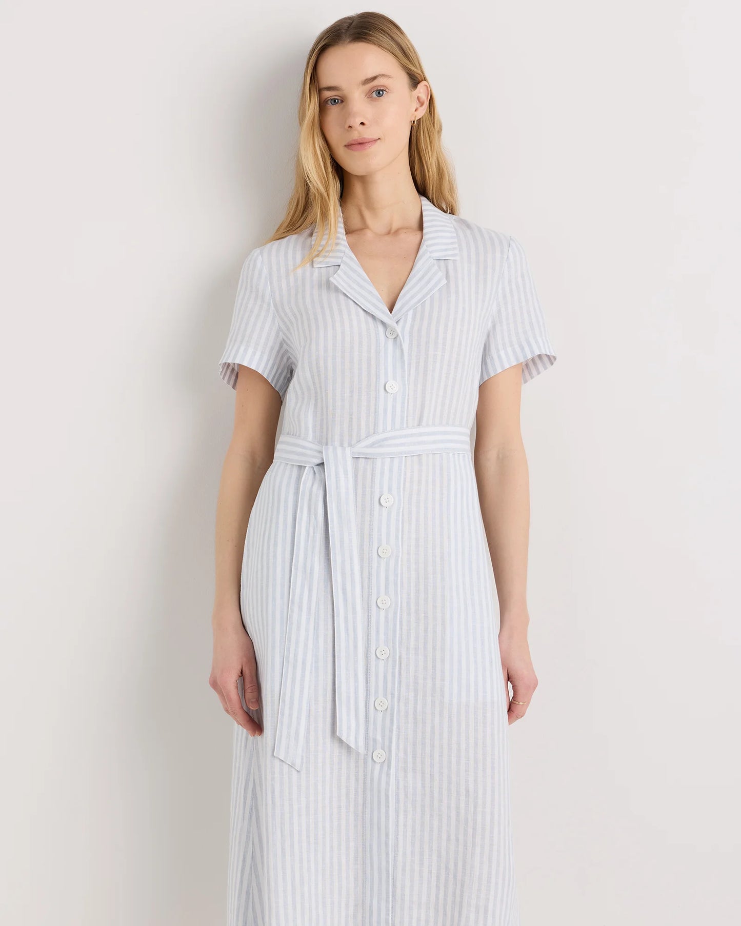 100% European Linen Button Front Dress - XS / Sky Blue Mariner Stripe