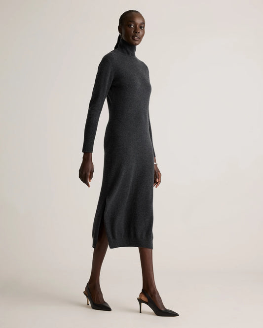 Mongolian Cashmere Turtleneck Midi Sweater Dress - XS / Charcoal