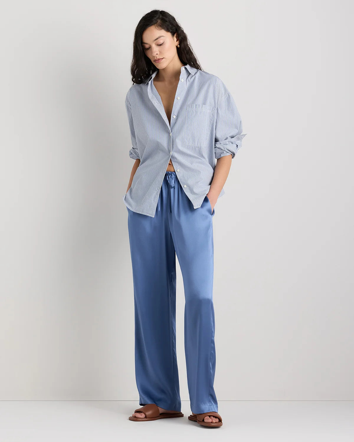 100% Washable Silk Drawstring Wide Leg Pants - XS / Champagne