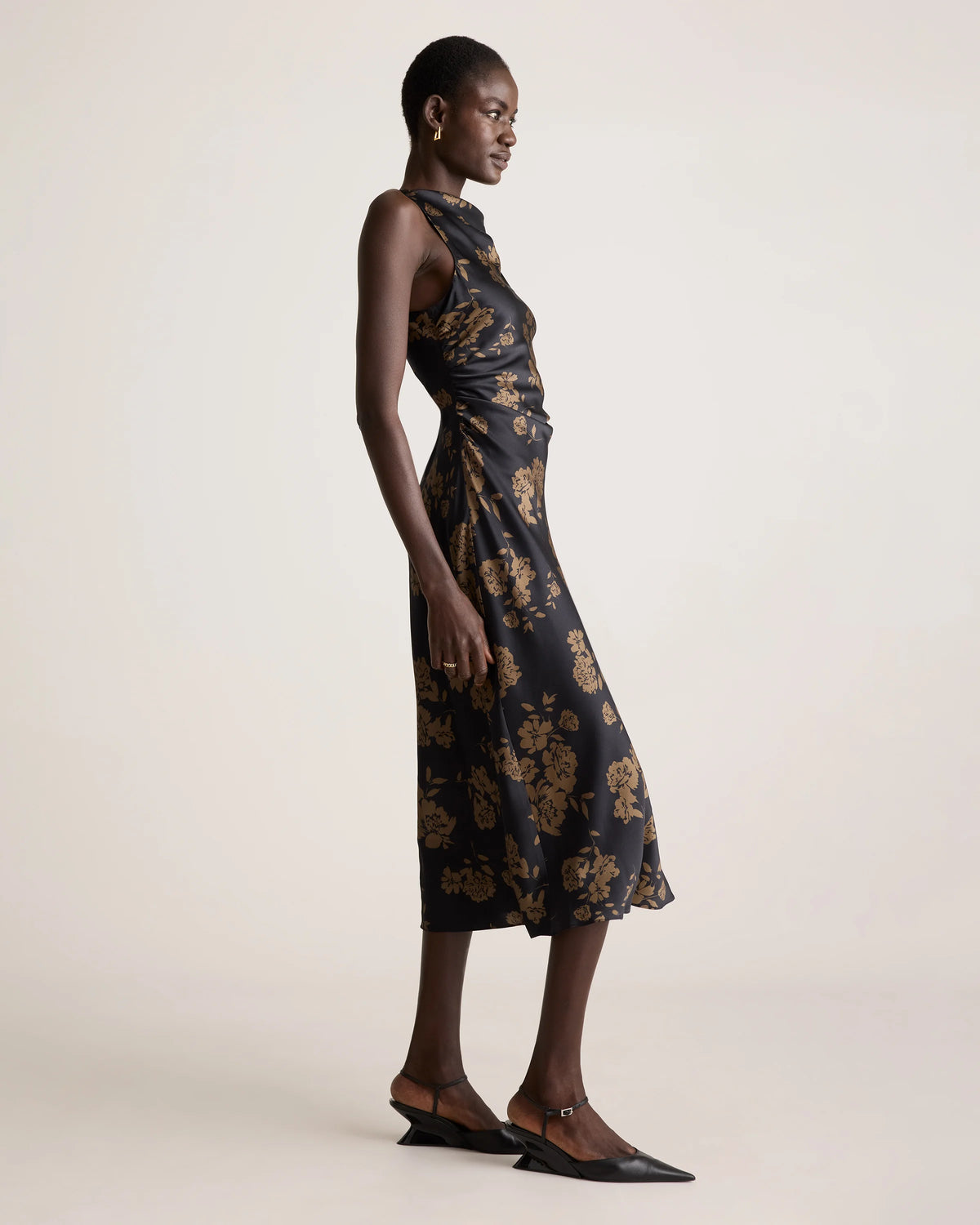 Washable Stretch Silk High Neck Midi Dress - XS / Vintage Navy Roses