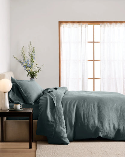 European Linen Deluxe Bedding Bundle - Twin / Willowleaf/White Stripe