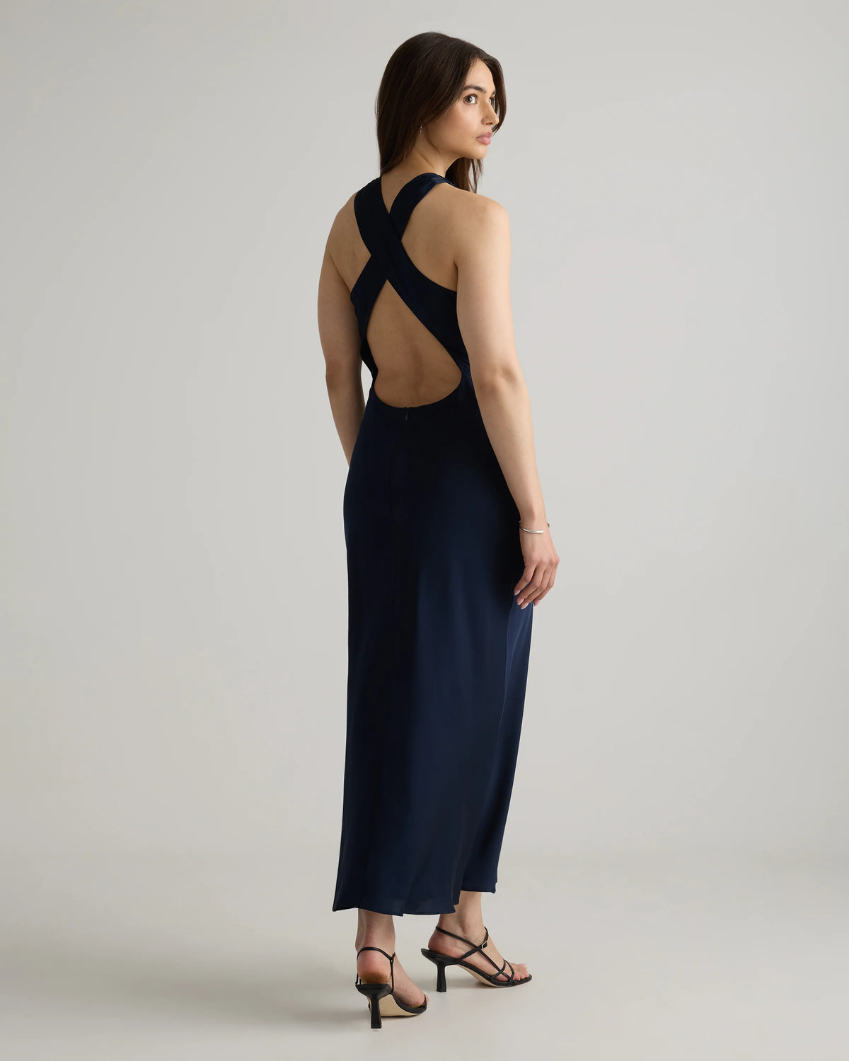 Washable Stretch Silk High Neck Midi Dress - XS / Vintage Navy Roses