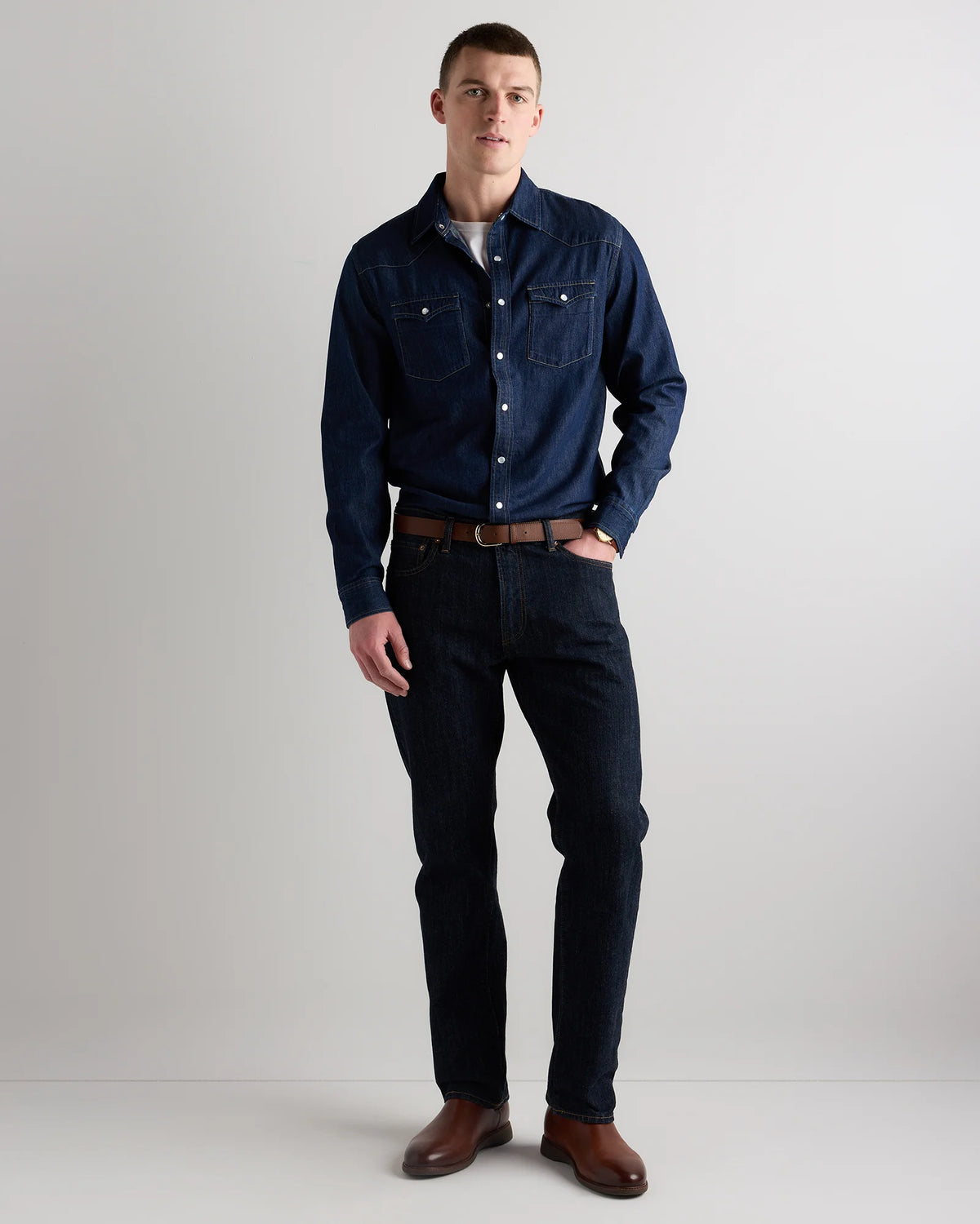 Pearl Snap Denim Western Shirt - S / Clean Rinse