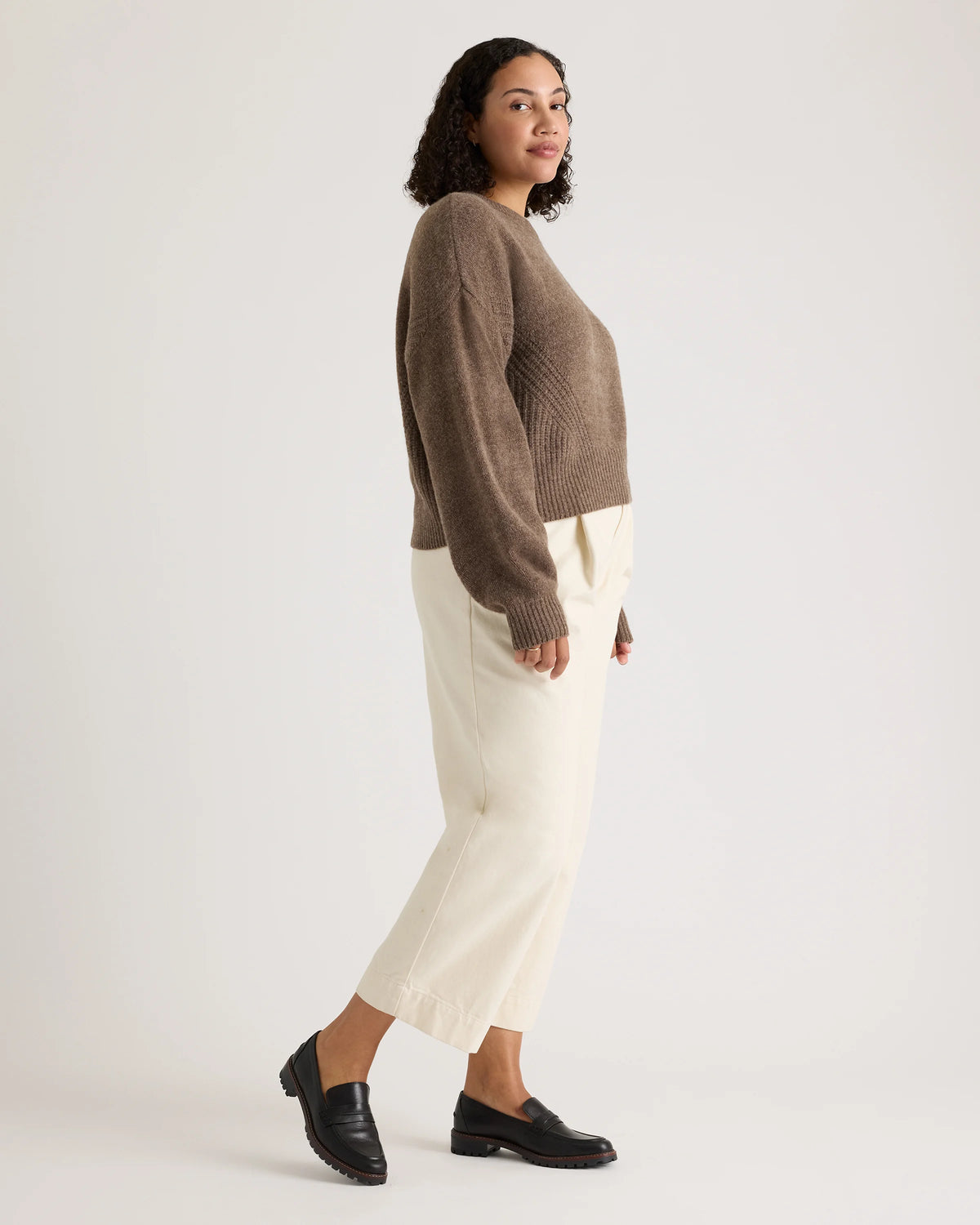 100% Yak Wool Pointelle Detail Relaxed Crew - XS / Heather Brown