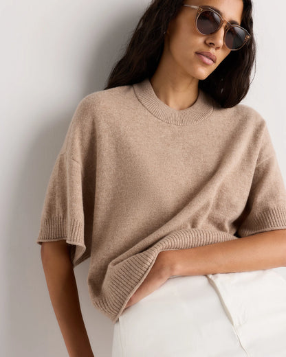 Mongolian Cashmere Cropped Oversized Tee - XS / Oatmeal
