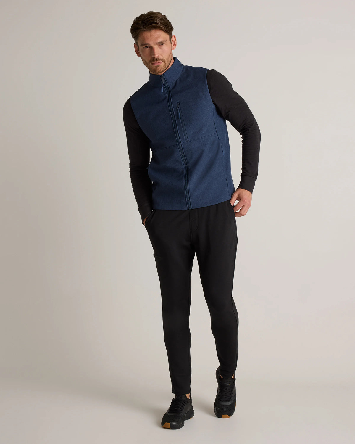 Softshell Fleece-Lined Full-Zip Vest - S / Heather Deep Navy