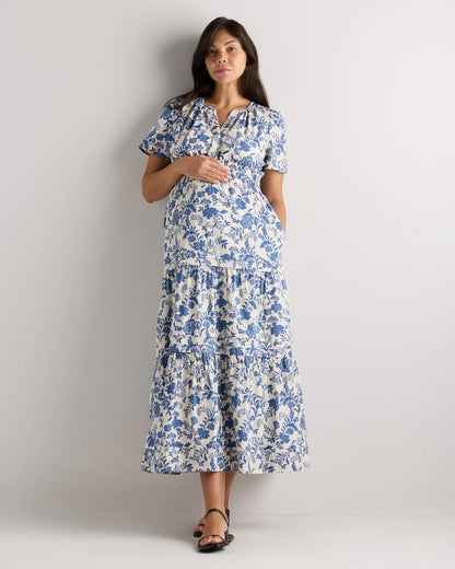 100% Organic Cotton Poplin Maternity Tiered Maxi Dress - XS / Riviera Blue Heirloom Floral