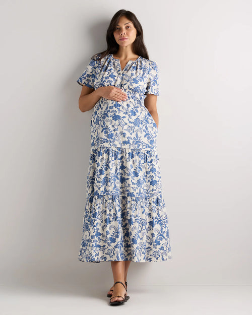 100% Organic Cotton Poplin Maternity Tiered Maxi Dress - XS / Riviera Blue Heirloom Floral
