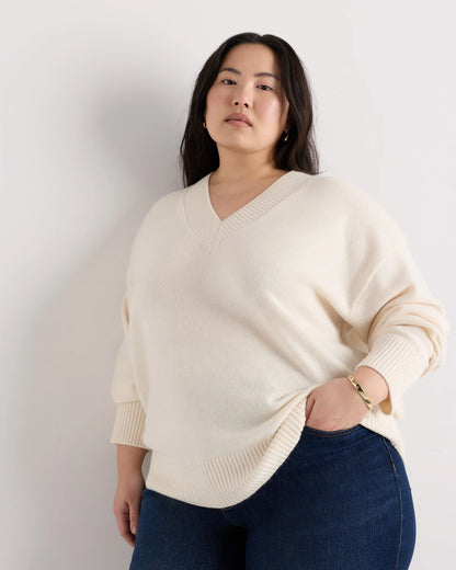Mongolian Cashmere Oversized V-Neck Sweater - 1X / Pale Custard Yellow