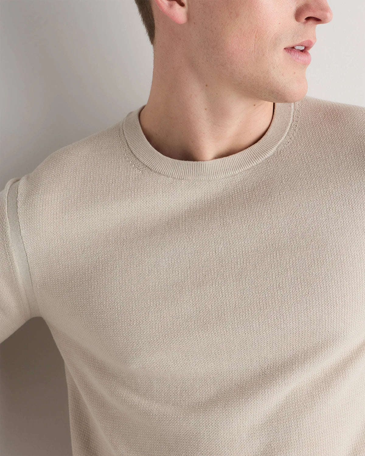 Organic Cotton-Silk Pique Crewneck Sweater - S / Speckled Beige