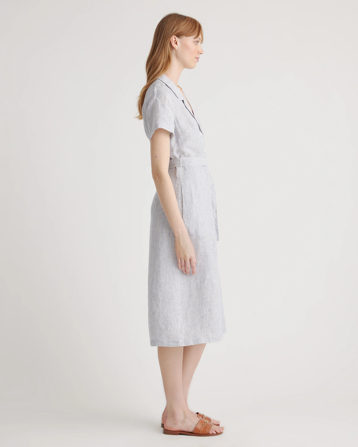 100% European Linen Button Front Dress - XS / Sky Blue Mariner Stripe