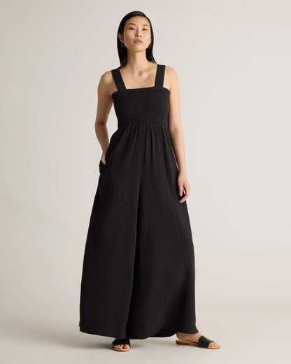 100% Organic Cotton Gauze Smocked Wide Leg Jumpsuit - XS / Spiced Orange