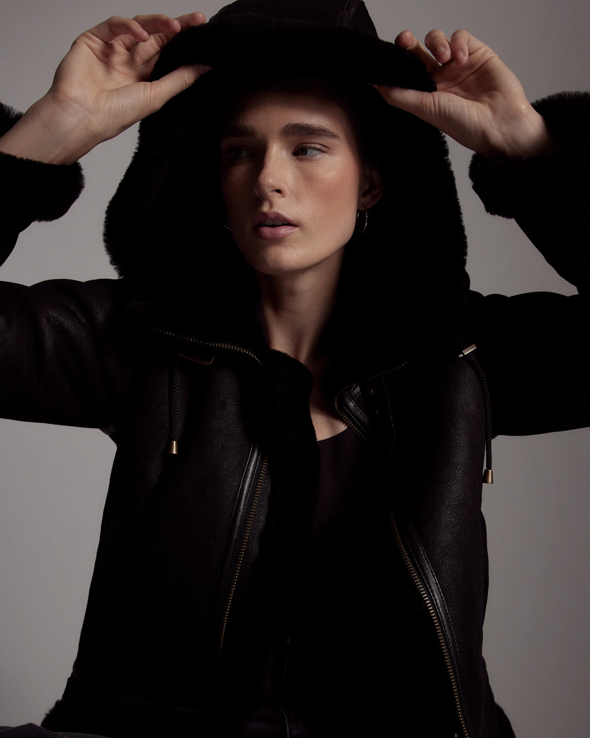 100% Shearling Cold Weather Bomber Jacket - XS / Black