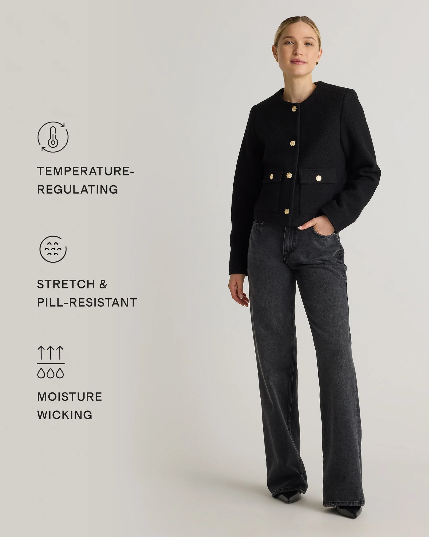 100% Merino Wool Collarless Cropped Jacket - XS / Heather Bone