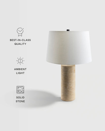 Travertine Table Lamp with Drum Shade - Column / Beige