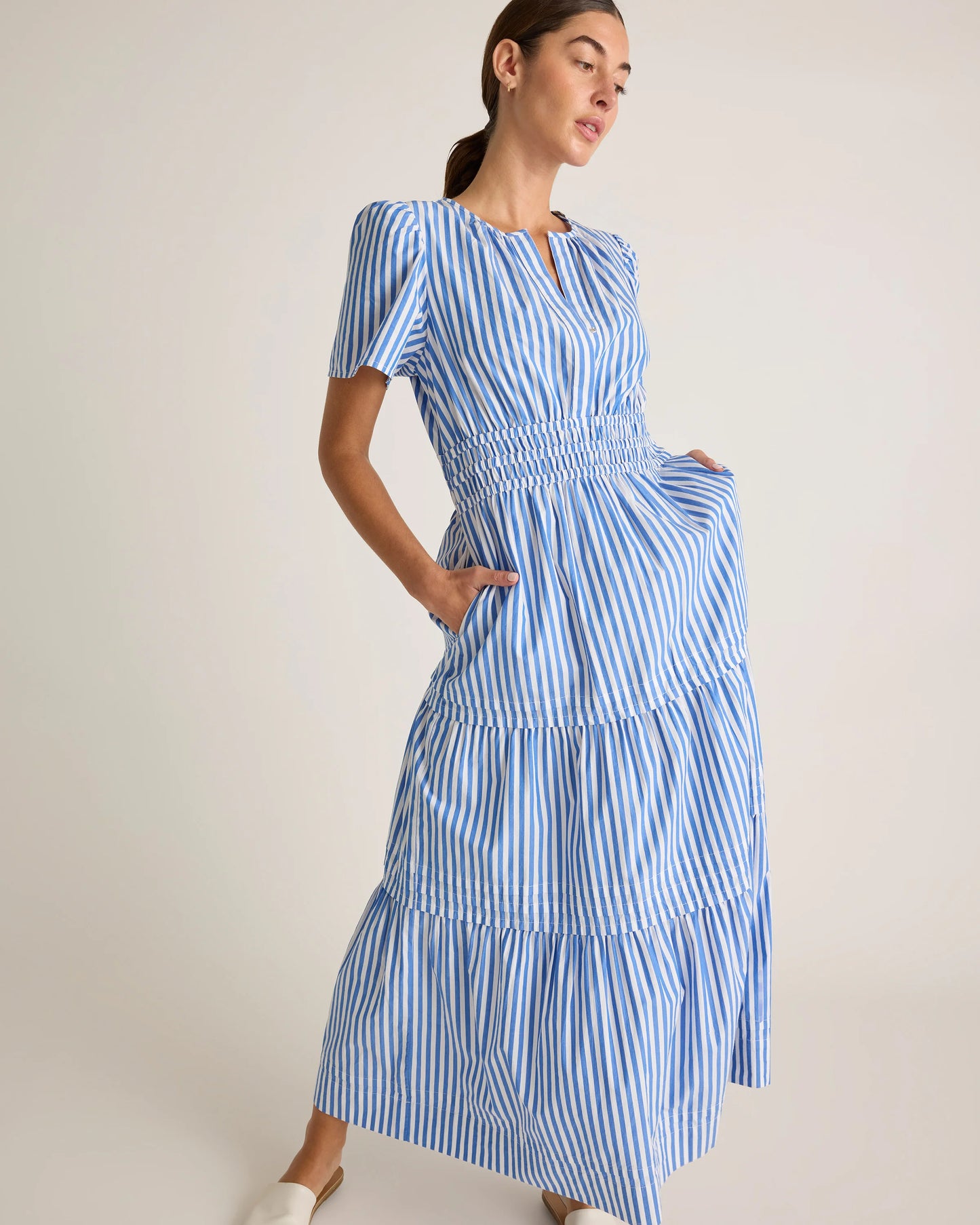 100% Organic Cotton Poplin Tiered Maxi Dress - XS / Riviera Blue Heirloom Floral