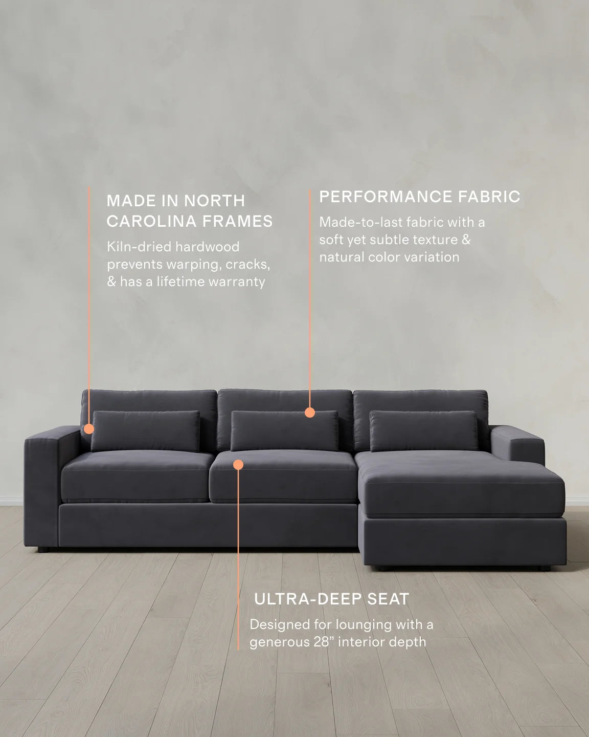 Ashford Deep Seat Chaise Sectional in Performance Velvet - 119" Right Arm / Rust