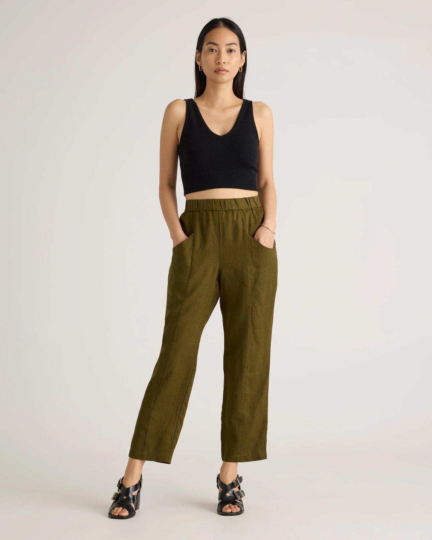 100% European Linen Tapered Ankle Pants - XS / Blue Pinstripe