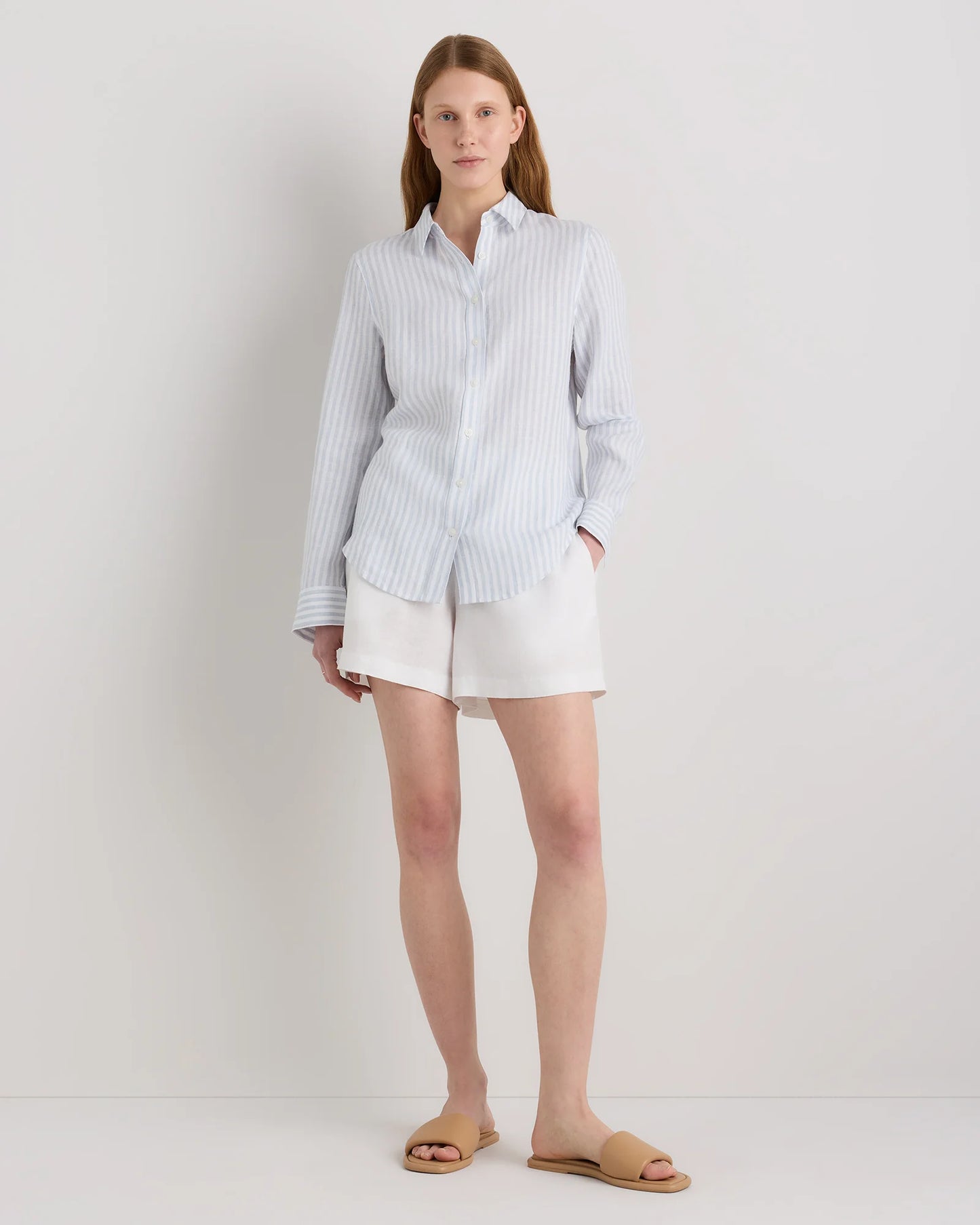 100% European Linen Long Sleeve Shirt - XS / Blue Pinstripe