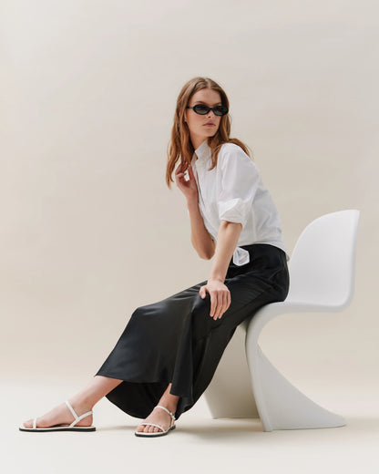 Italian Leather Ankle Strap Flat Sandal - 5 / Black