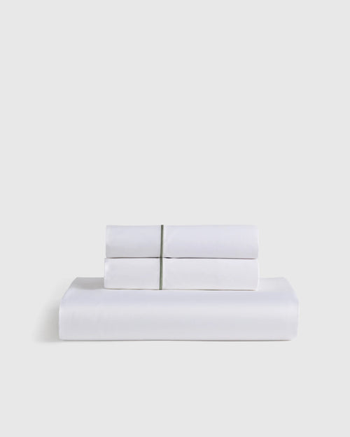 Signature Giza Cotton Sateen Embroidered Fitted Sheet Set - Twin / White/Dried Sage