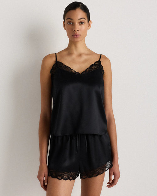 100% Washable Silk Satin Lace Cami Pajama Top - XS / Black