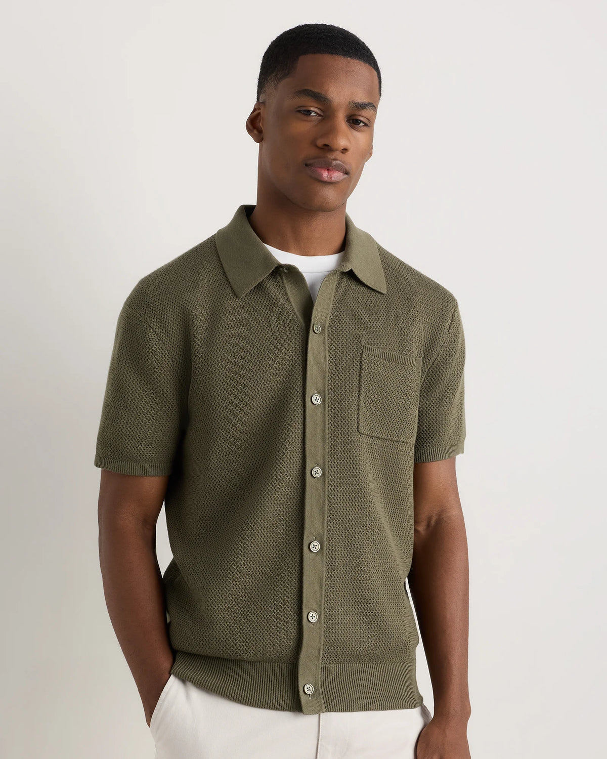 100% Organic Cotton Mesh-Stitch Button-Up Sweater Polo - XS / Speckled Beige