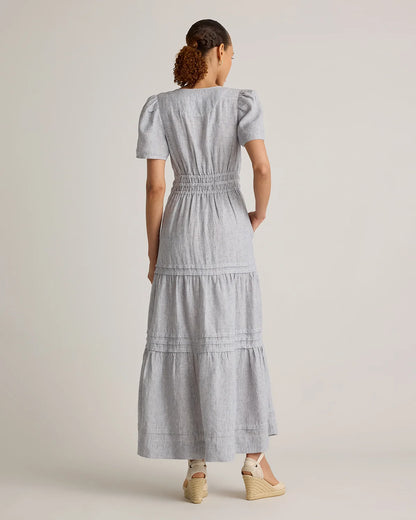 100% European Linen Tiered Maxi Dress - XS / Deep Navy