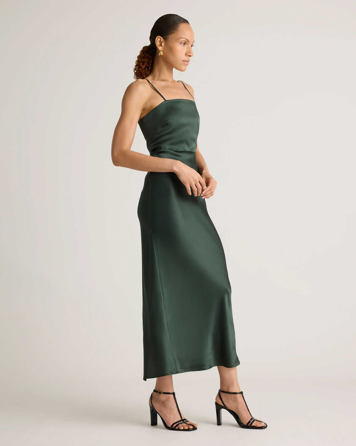 100% Washable Silk Square Neck Maxi Dress - XS / Forest Green