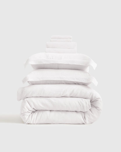 European Linen Double Flange Deluxe Bedding Bundle - Twin / White