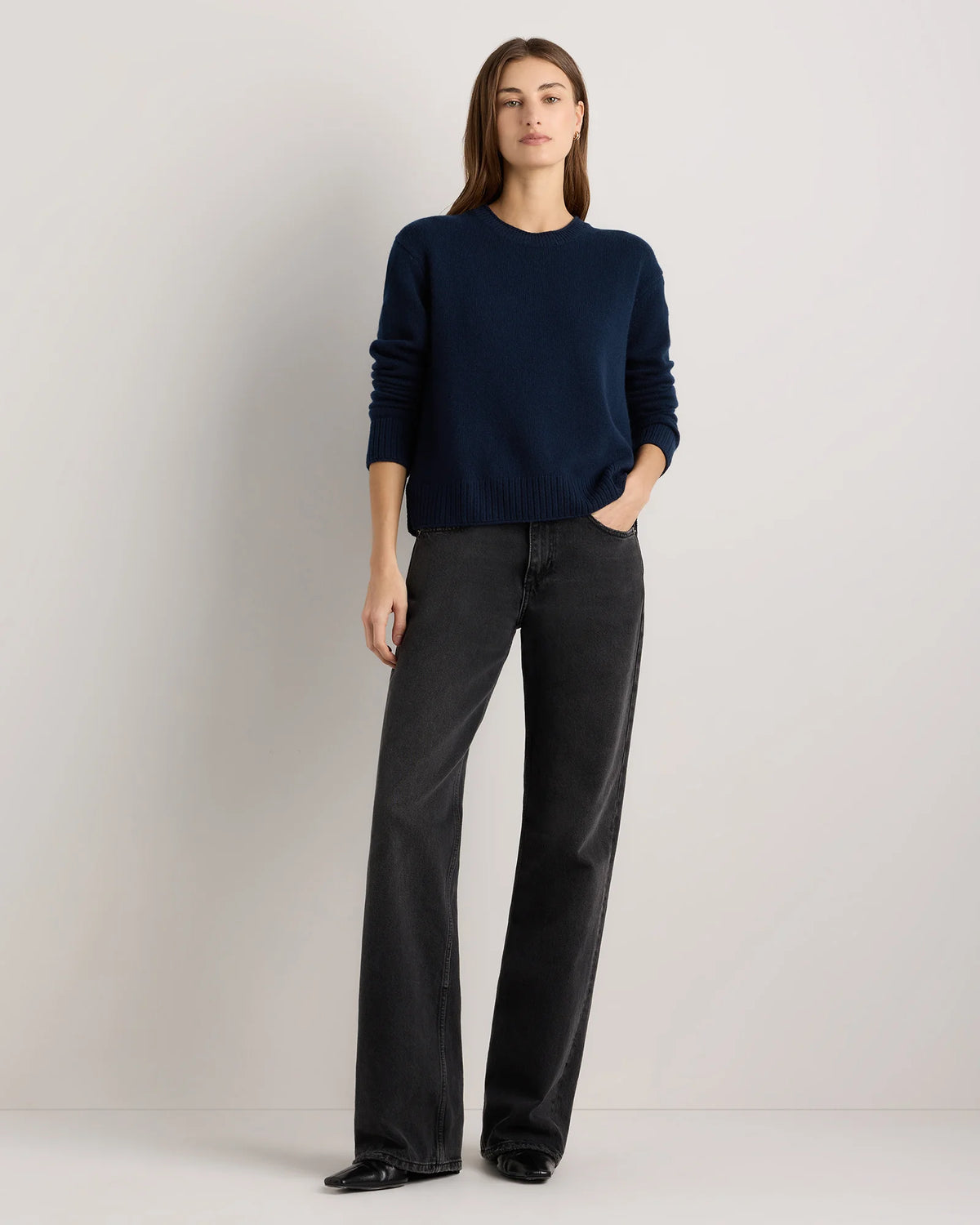 Mongolian Cashmere Boxy Crewneck Sweater - XS / Faded Denim/Brown/Ivory Variegated Stripe