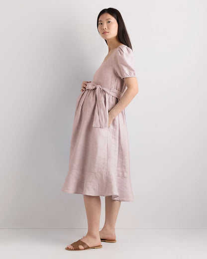 100% European Linen Maternity Short Sleeve Midi Dress - XS / Ivory Porcelain Blue Petite Floral